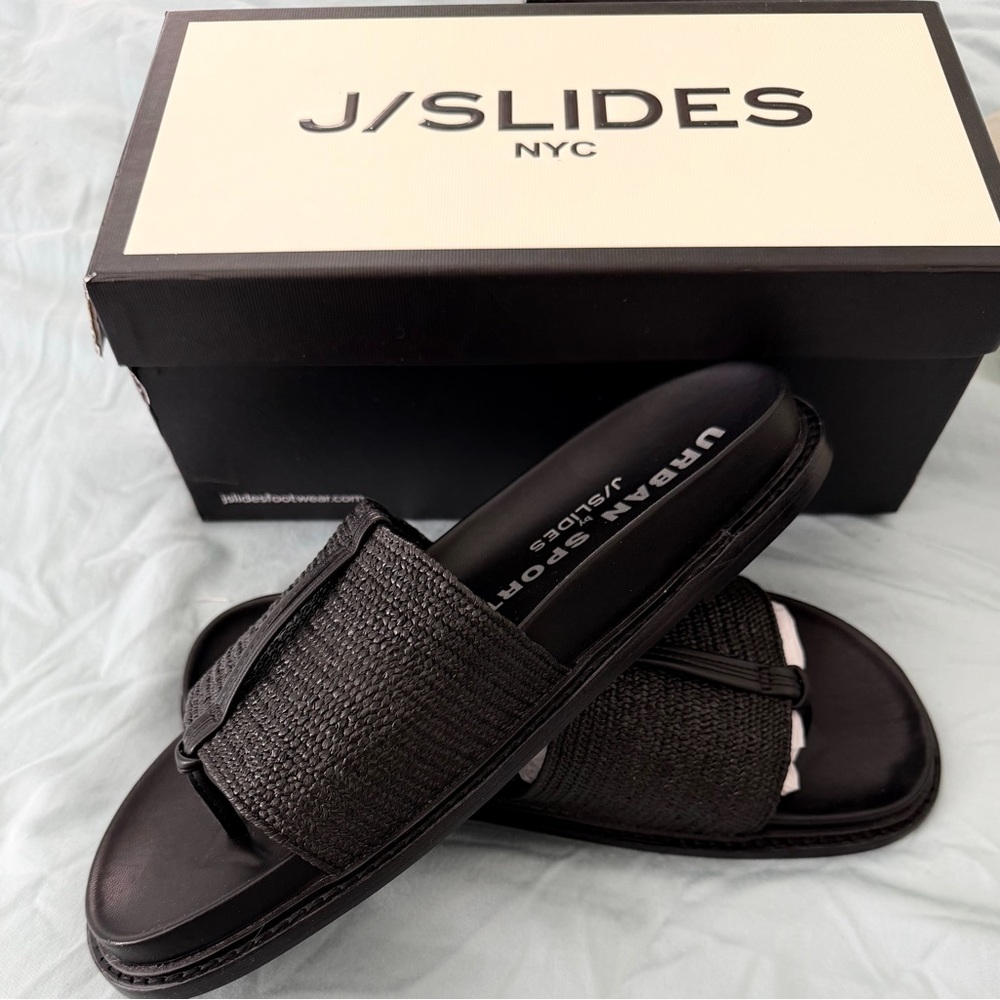 J Slides Black Raffia Sandals